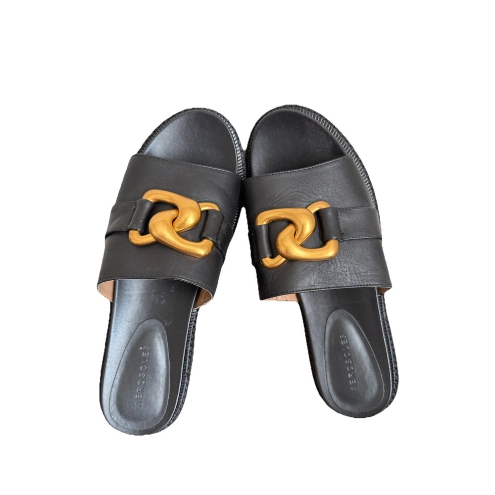 Aerosols Womens 10M Lima Black Leather Gold Buckle Accent Chunky Slide Sandals
